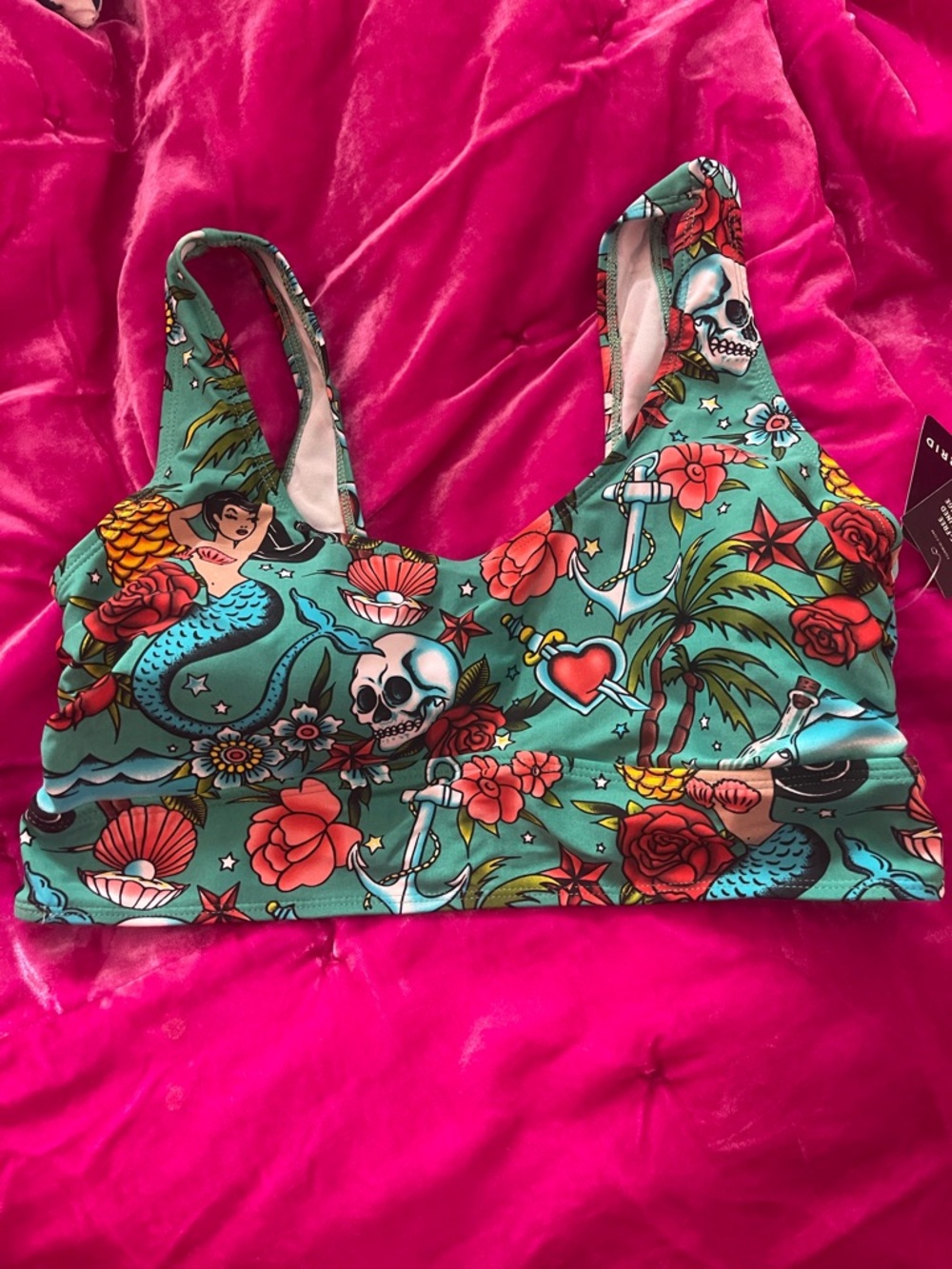 torrid Aqua Tattoo-Print Scoop Bikini Top with Red Rose Details